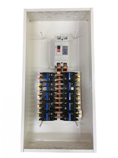 Koten 10 Branches Panel Board with 250A 2P Main showing two columns of breakers copper bus bars and white metal enclosure