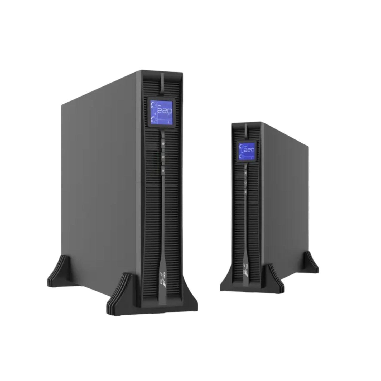 KEHUA TECH black tower UPS pair with blue LCD display and front vents 2000VA UPS True On-Line 120-295V Output for servers