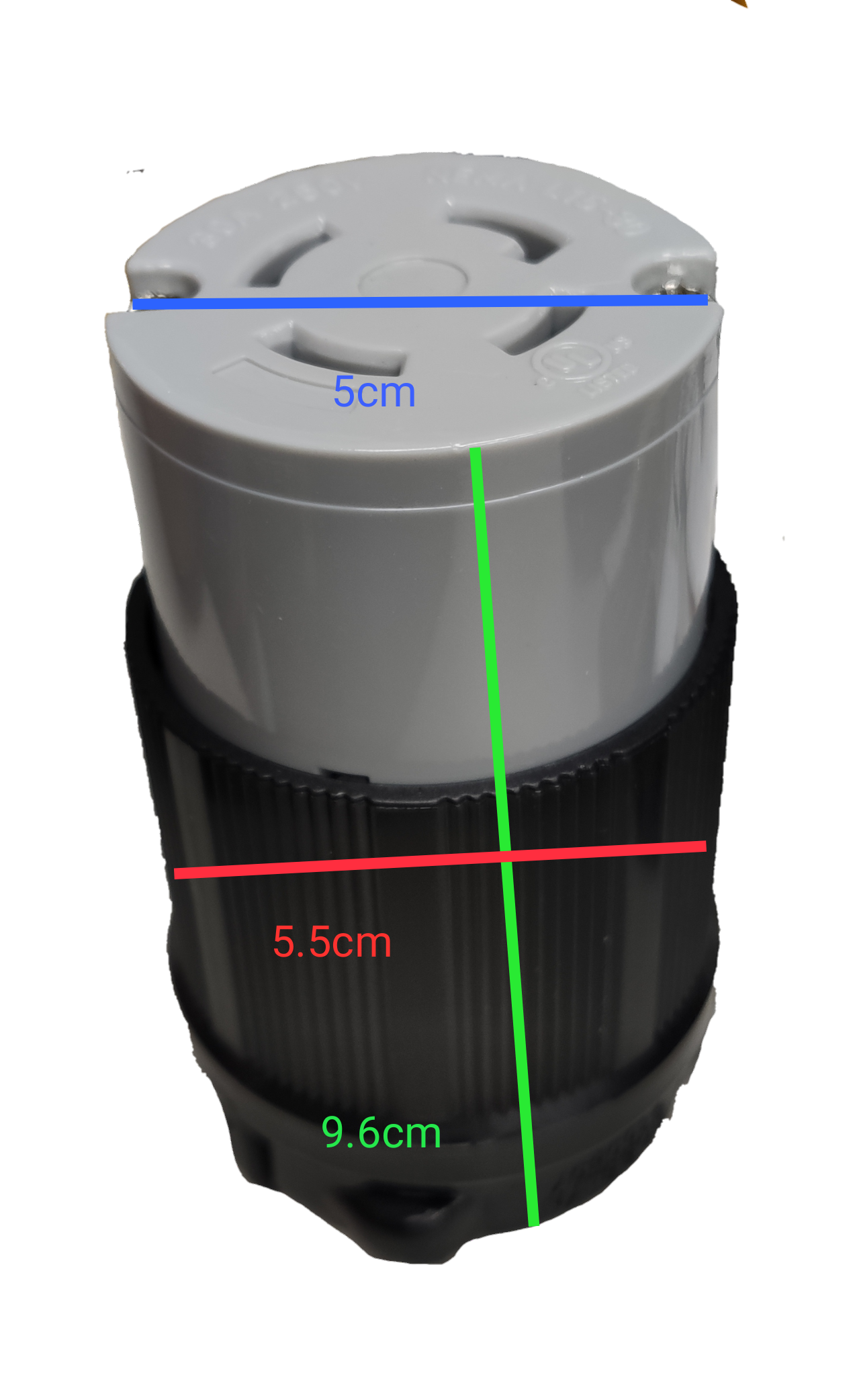 Grippes NEMA L15 250V 4 prong plug white top black ribbed cylindrical twist lock shown with measurement markings