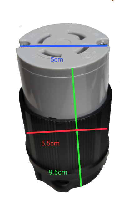 Grippes NEMA L15 250V 4 prong plug white top black ribbed cylindrical twist lock shown with measurement markings