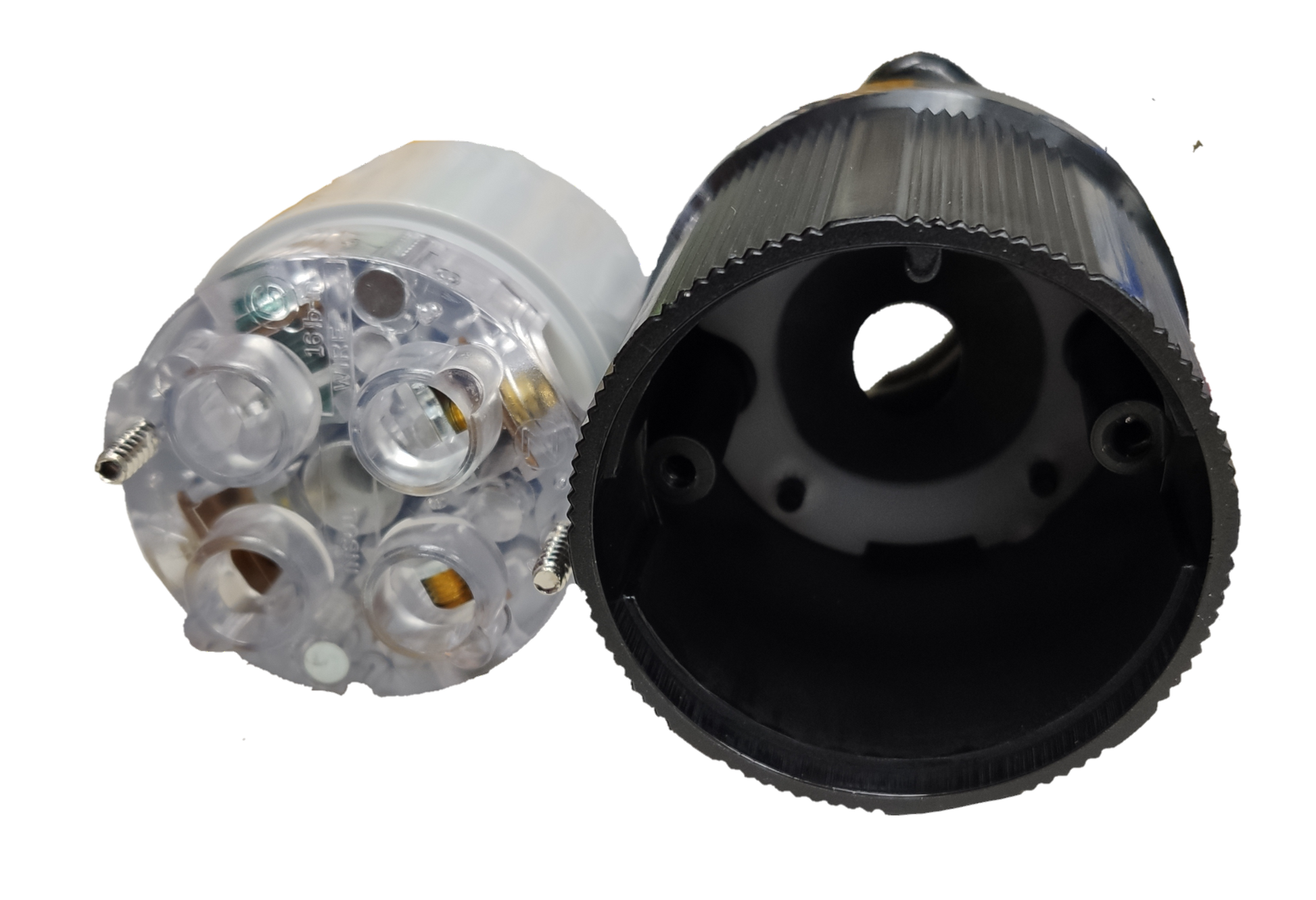 Grippes NEMA L15 250V 4 prong plug transparent wiring insert and black threaded housing for industrial power