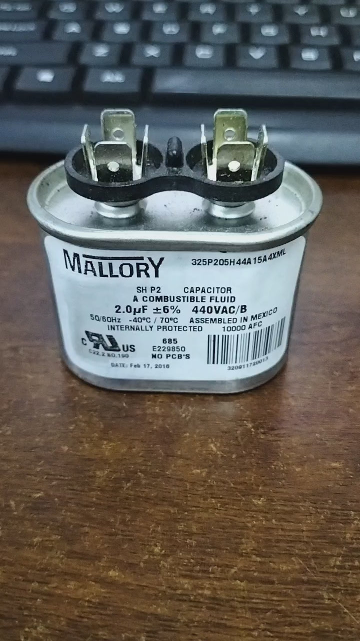 Mallory Oil-Filled Metallized Polypropylene Film Running Capacitor 2UF 440V AC 50/60Hz