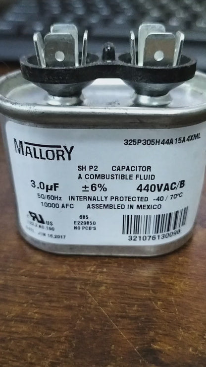 Mallory Oil-Filled Metallized Polypropylene Film Running Capacitor 3UF 440V AC 50/60Hz Cylindrical Aluminum Can, With Resin-Sealed Terminals, Assembled in MEXICO