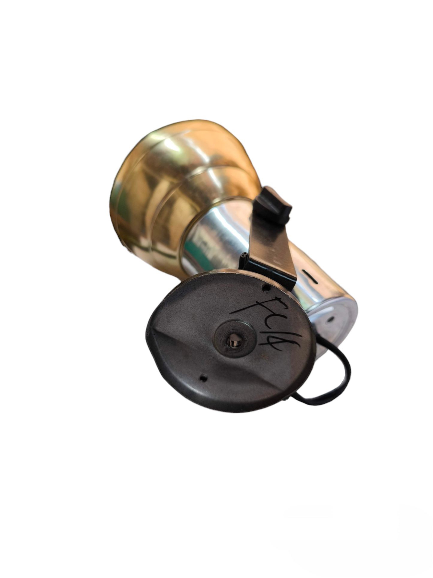 Local brass and metal 100W spotlight socket for industrial use. Durable mounting bracket and rubber dust cover visible