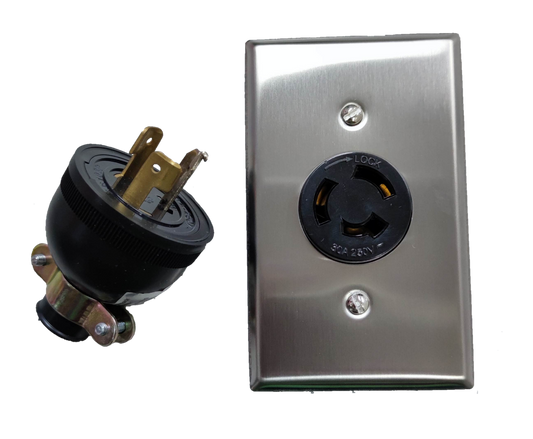 Grippes stainless steel plate with 30A twist lock wall outlet and matching locking plug for secure power connection