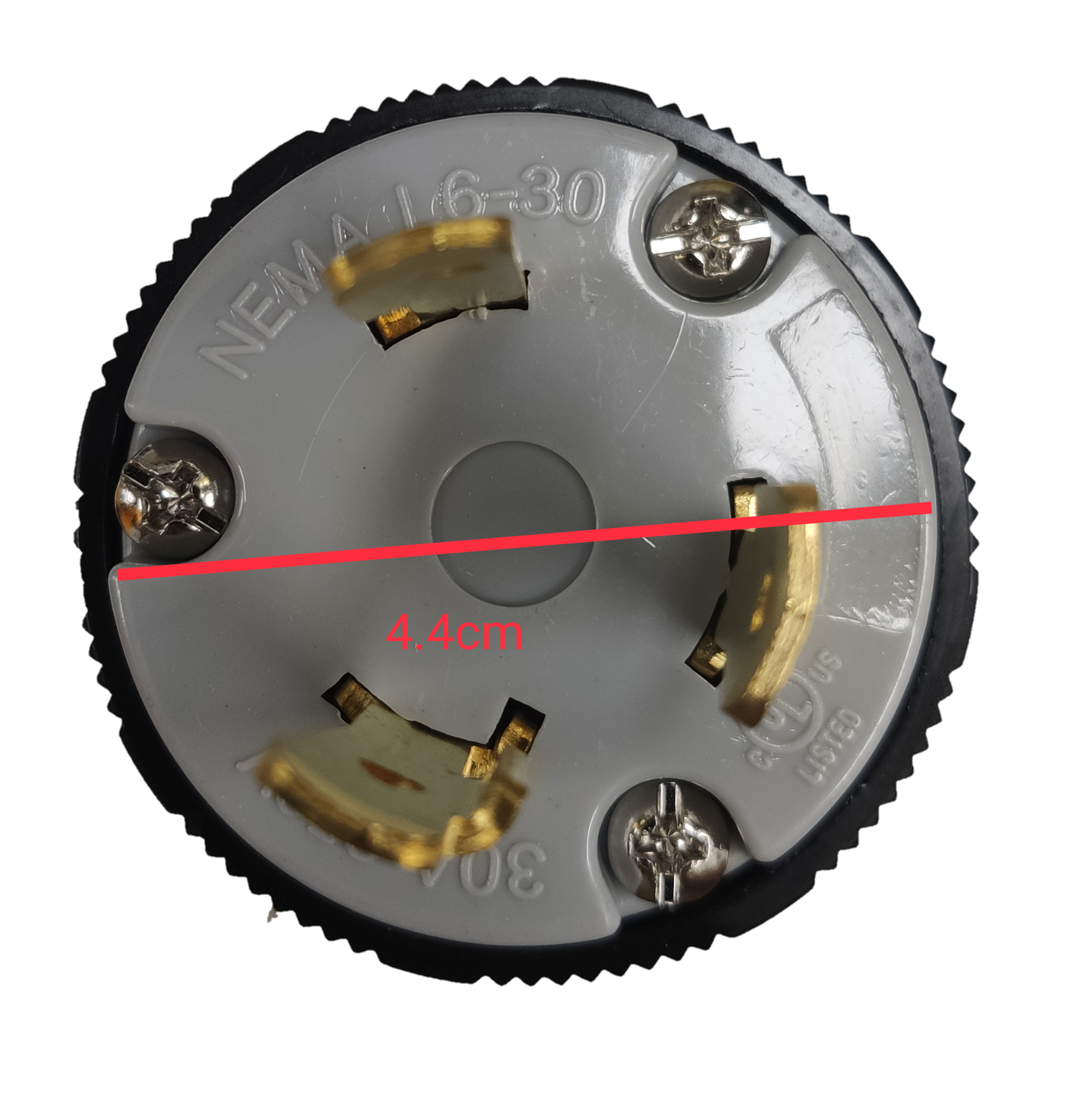 Grippes NEMA L6-30P industrial plug close up top view showing gold contacts and screw terminals