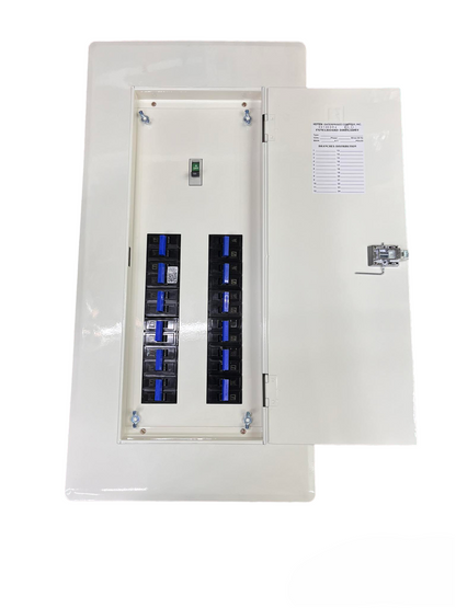 Koten white distribution panel open showing two columns of blue breakers and label 12 Branches Panel 2P Bolt on with 250A Main