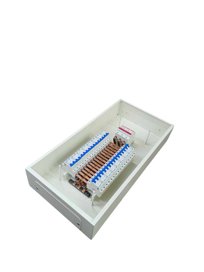 White metal panel enclosure with copper busbars and blue breakers showing 16 Branches Panel Board for 2 Pole MCB