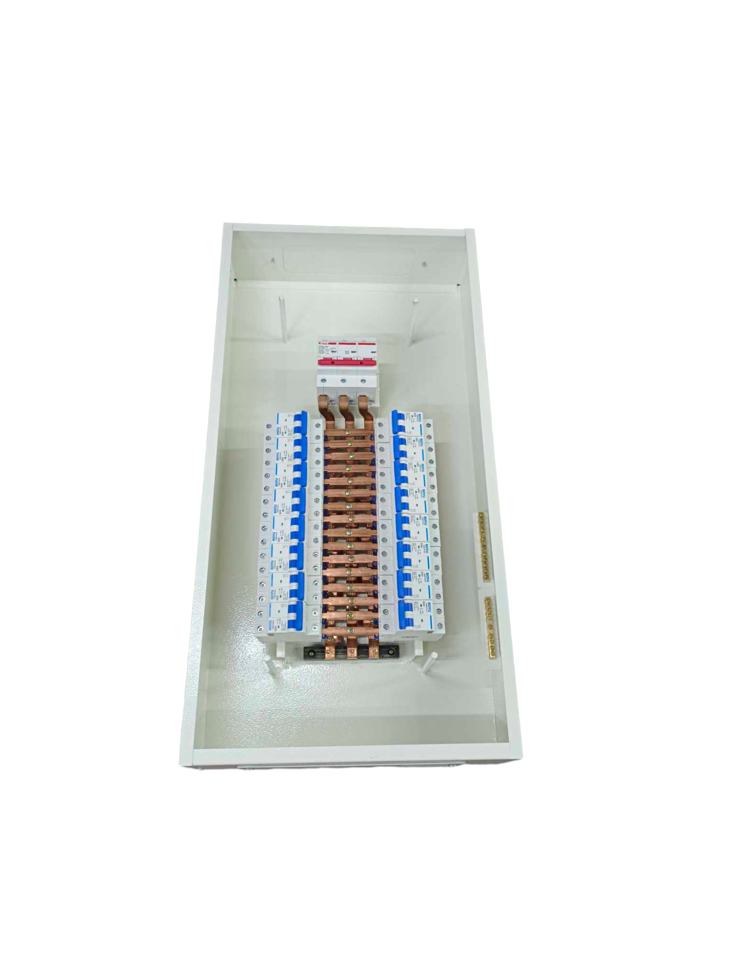 Koten Himel Royu white panel enclosure with copper busbars and 16 Branches Panel Board for 2 Pole MCB. Shows two rows of MCBs