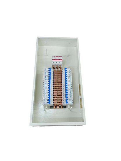 Koten Himel Royu white panel enclosure with copper busbars and 16 Branches Panel Board for 2 Pole MCB. Shows two rows of MCBs