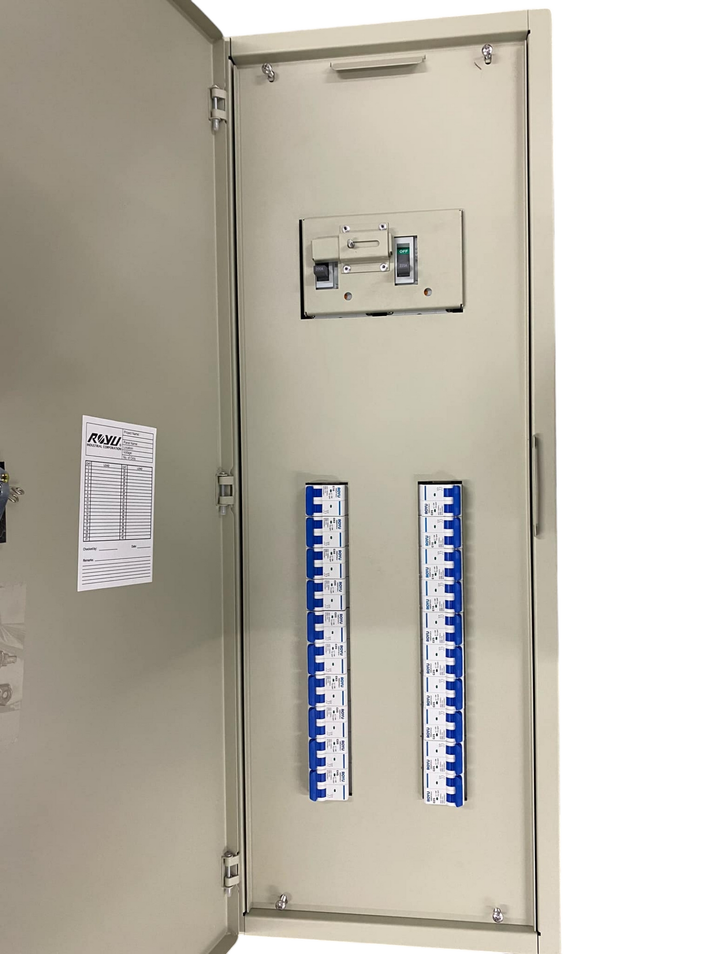 Chint electrical enclosure with 160A 2 pole MCCB panel board and two vertical rows of blue circuit breakers