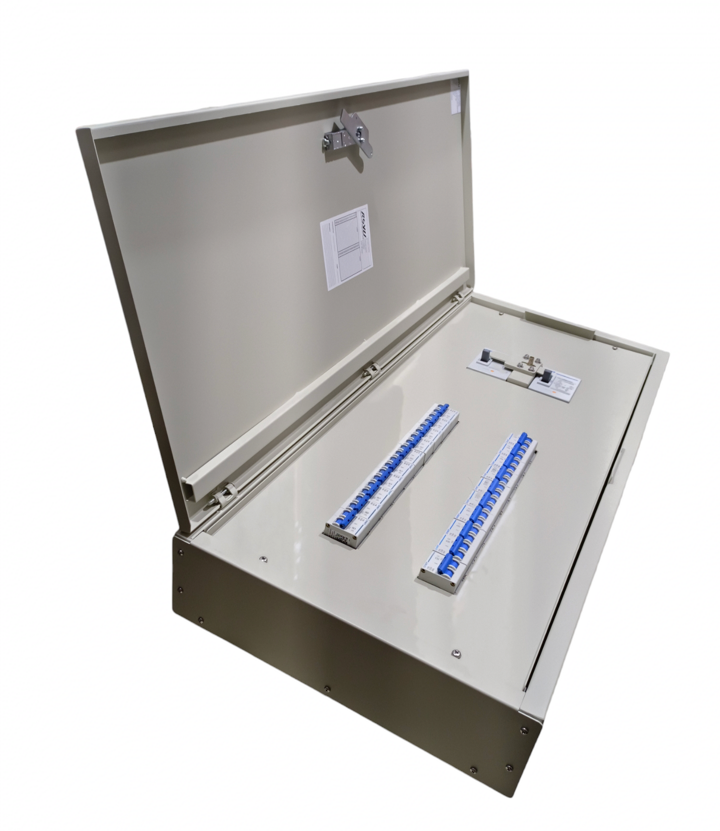 Chint 160A 2 pole MCCB panel board metal enclosure with two blue DIN rail breakers and hinged lid