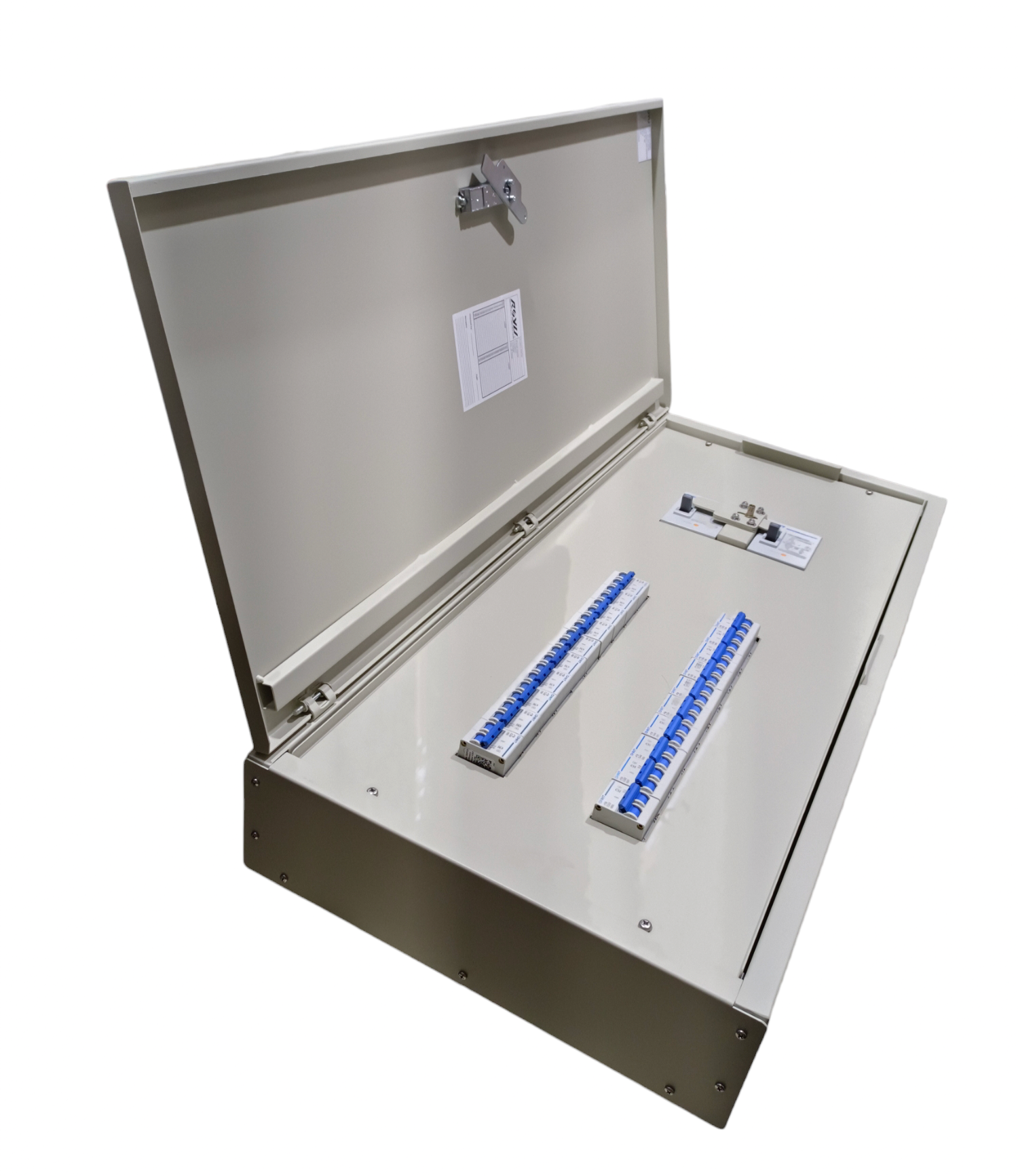 Chint 160A 2 pole MCCB panel board metal enclosure with two blue DIN rail breakers and hinged lid