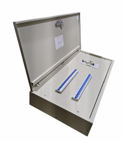 Chint 160A 2 pole MCCB panel board metal enclosure with two blue DIN rail breakers and hinged lid