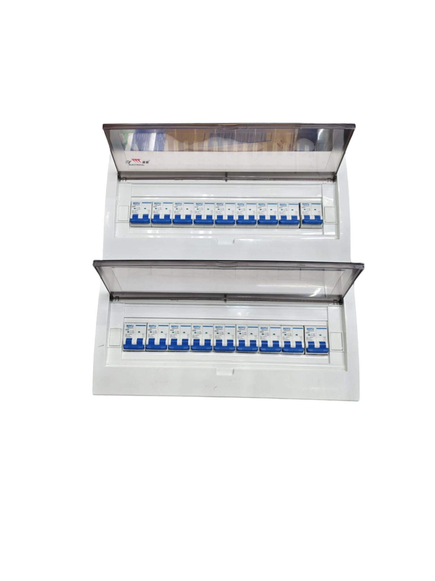 Royu and ZY 50A panel board with 17 branches for MCB. White enclosure with clear hinged covers