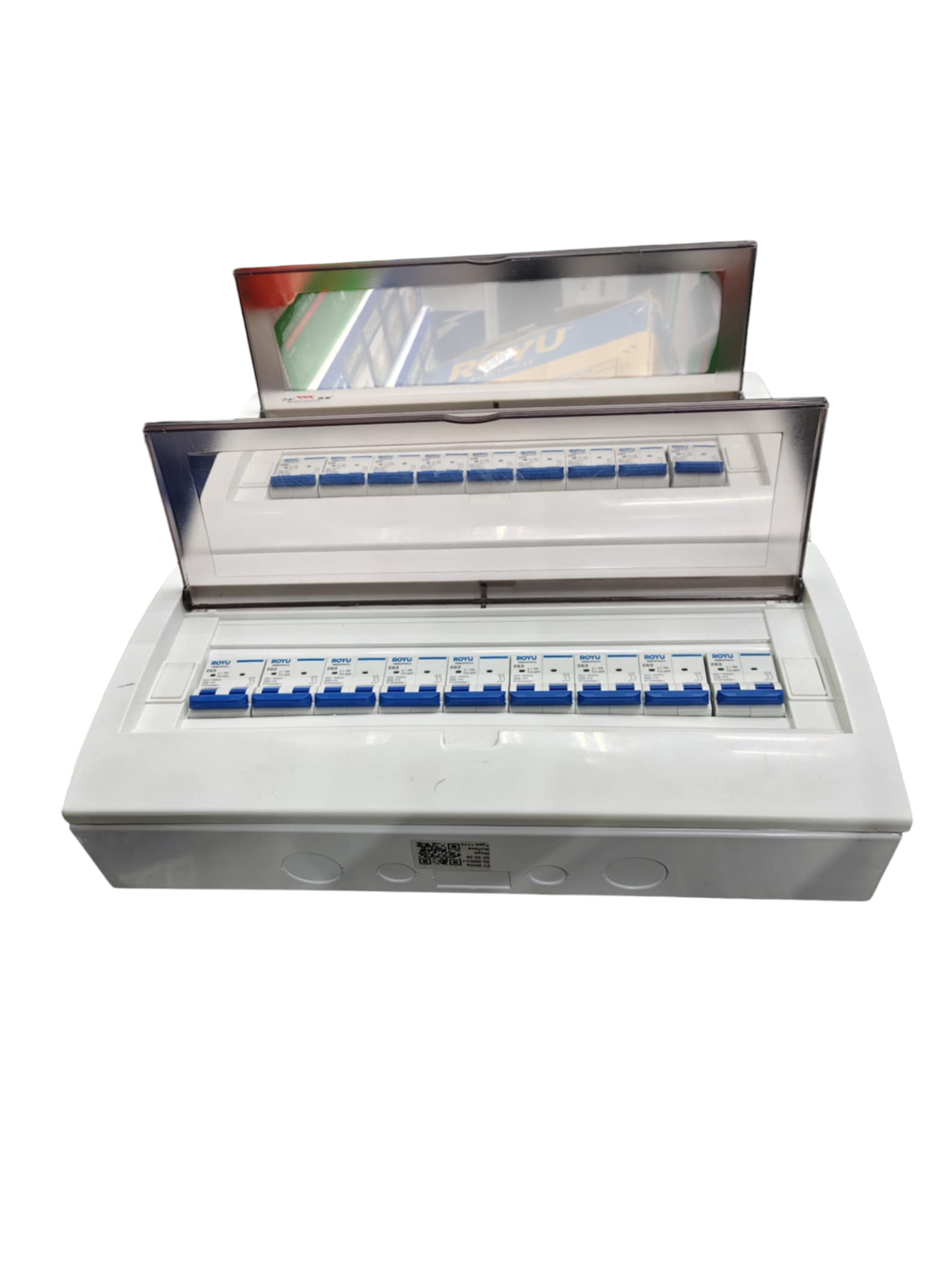 Royu and ZY 50A panel board with 17 branches for MCB. white plastic enclosure with transparent lid