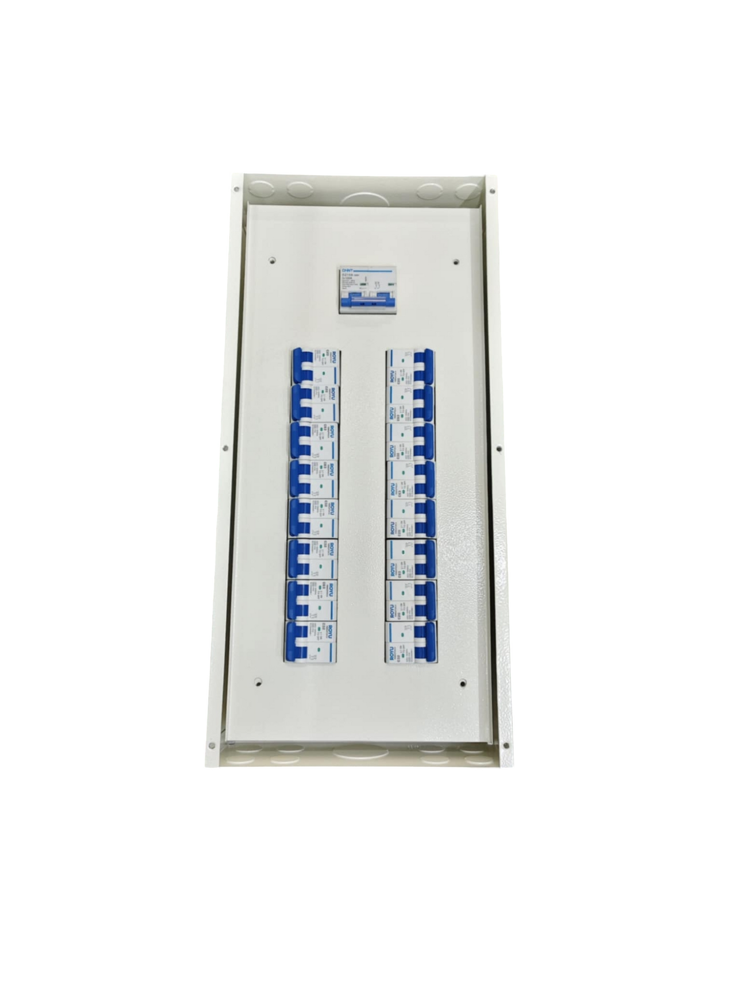 Chint Panel Board 16 Branches for 125A 2P MCB. White metal enclosure with two columns of blue 2P MCBs