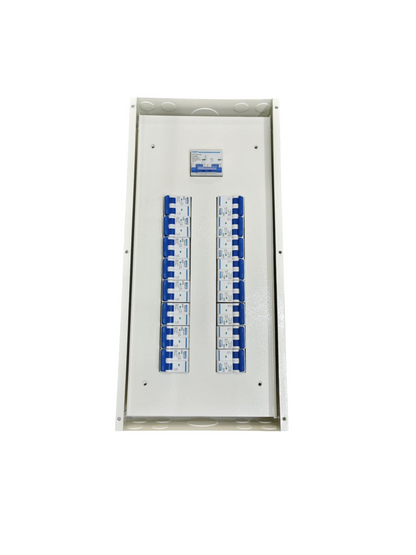Chint Panel Board 16 Branches for 125A 2P MCB. White metal enclosure with two columns of blue 2P MCBs