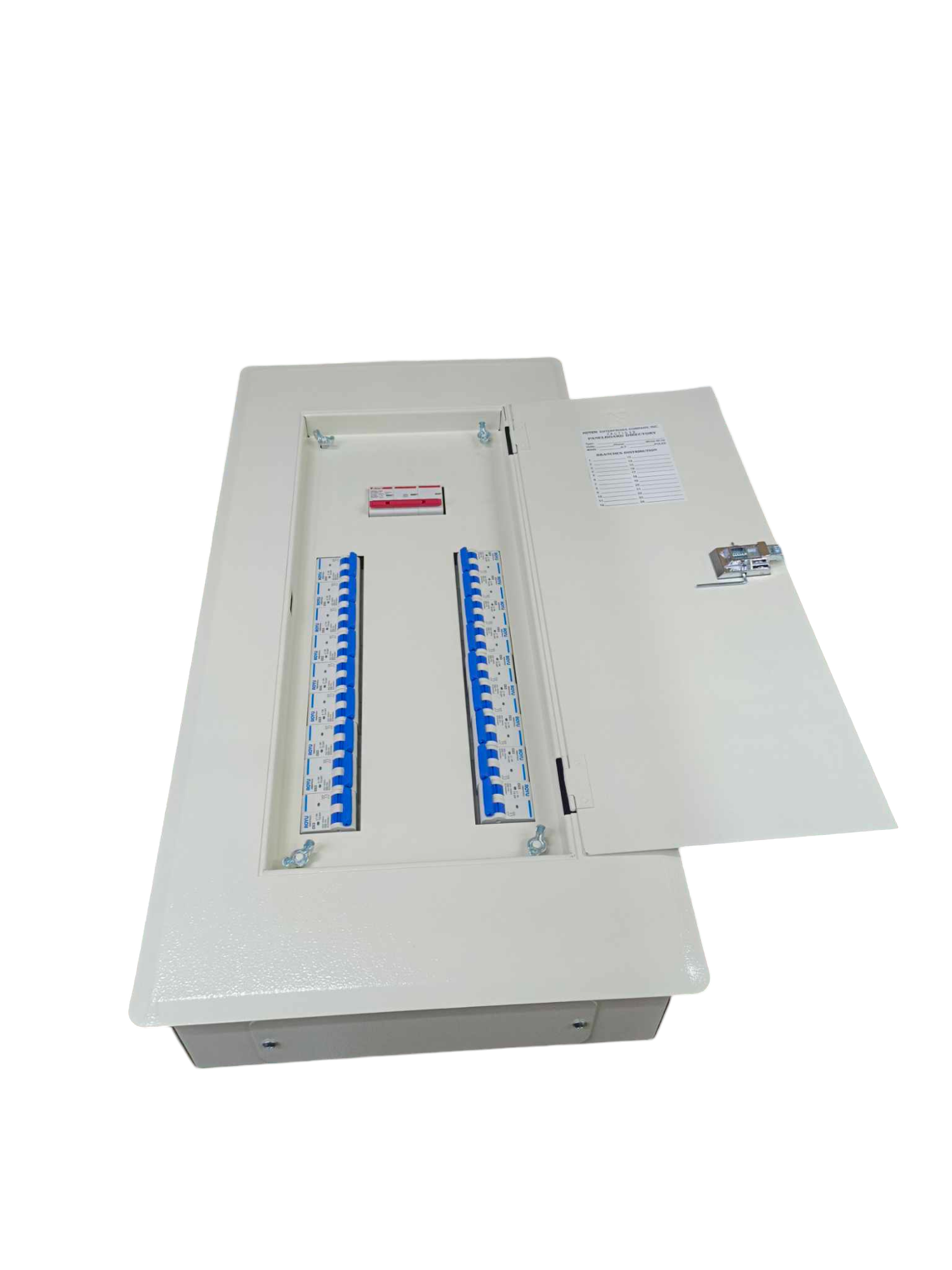 Himel Panel Board 18 Branches for MCB 100A 2P metal distribution box with two rows of blue MCB slots and open door