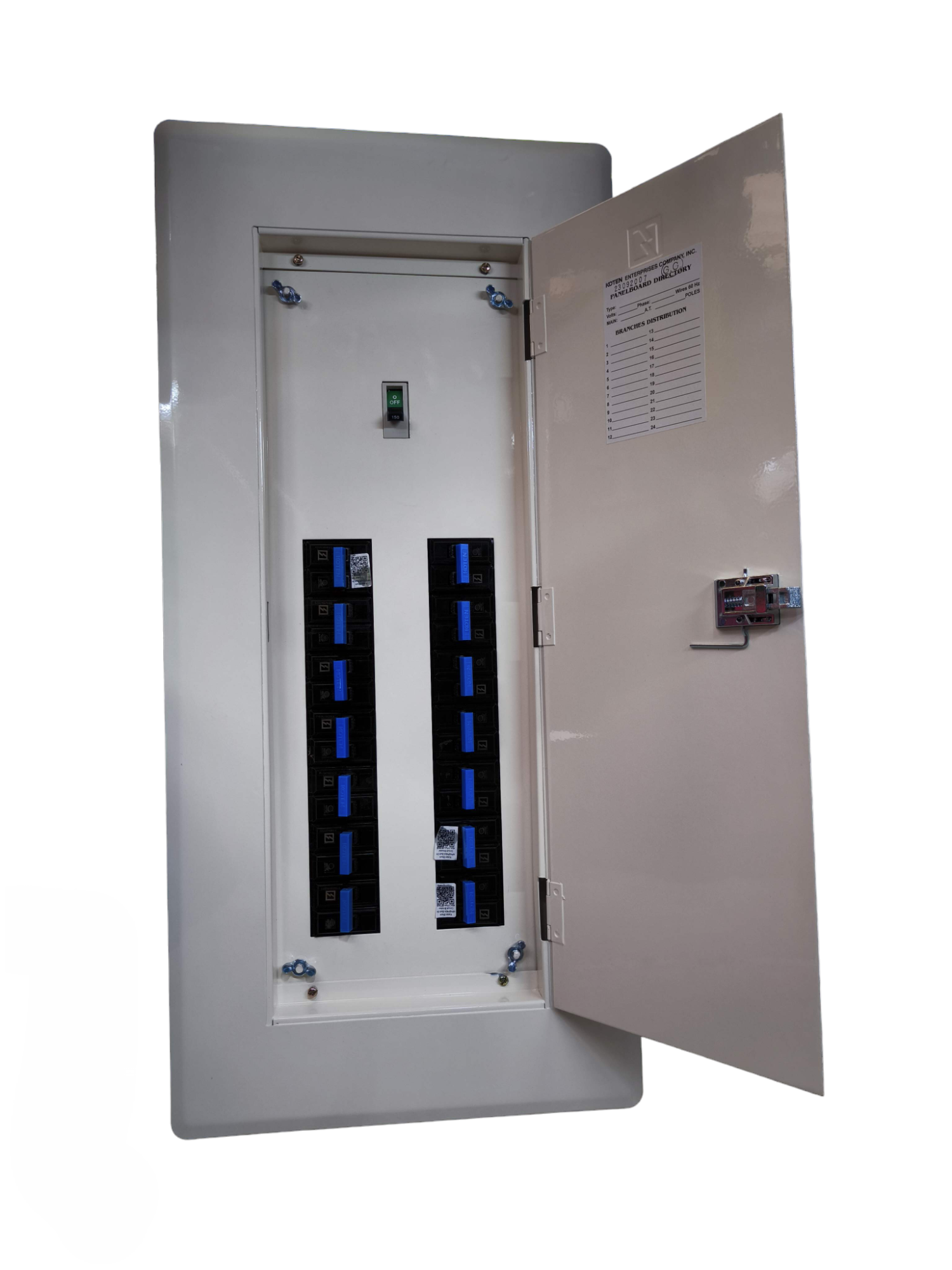 Koten Panel Board 225A 2P Main 14 branches. White metal electrical distribution panel with open door and two breaker rows