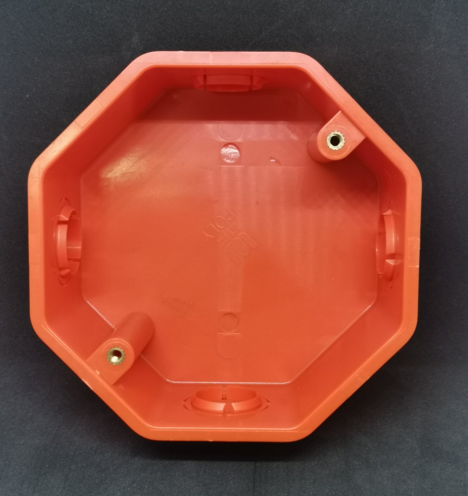Poly Junction Box 4x4 octagonal orange plastic electrical box interior with mounting bosses for fixtures