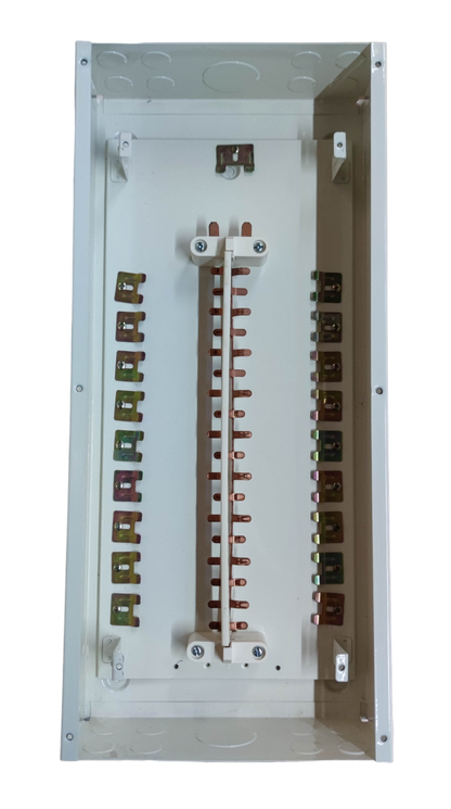 White metal enclosure showing copper bus bar and terminal lugs 18 branches Panel Board with 125a Main 2P