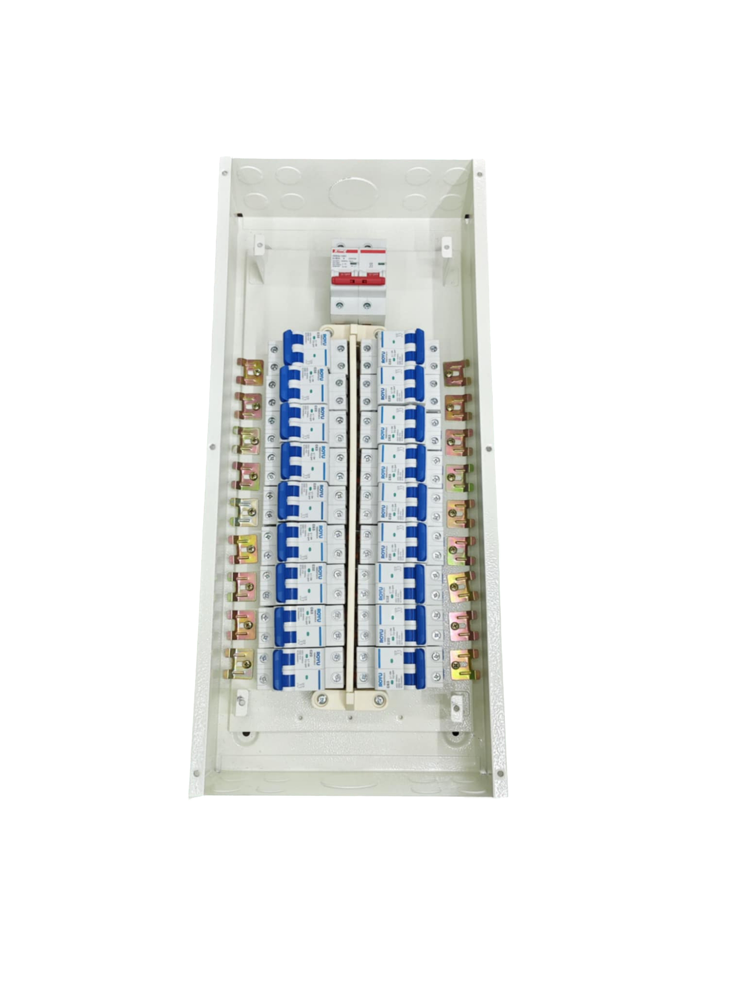 Royu and Himel and Koten 18 branches Panel Board with 125a Main 2P. White metal distribution panel with dual columns of breakers
