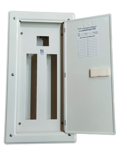 Royu and Himel and Koten white plastic electrical enclosure open showing 18 branches Panel Board with 125a Main 2P