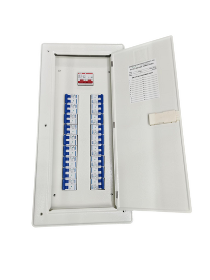 Himel Koten Royu 15 Branches Panel Board with 100A Main 2P recessed white enclosure with open door and labeled breakers
