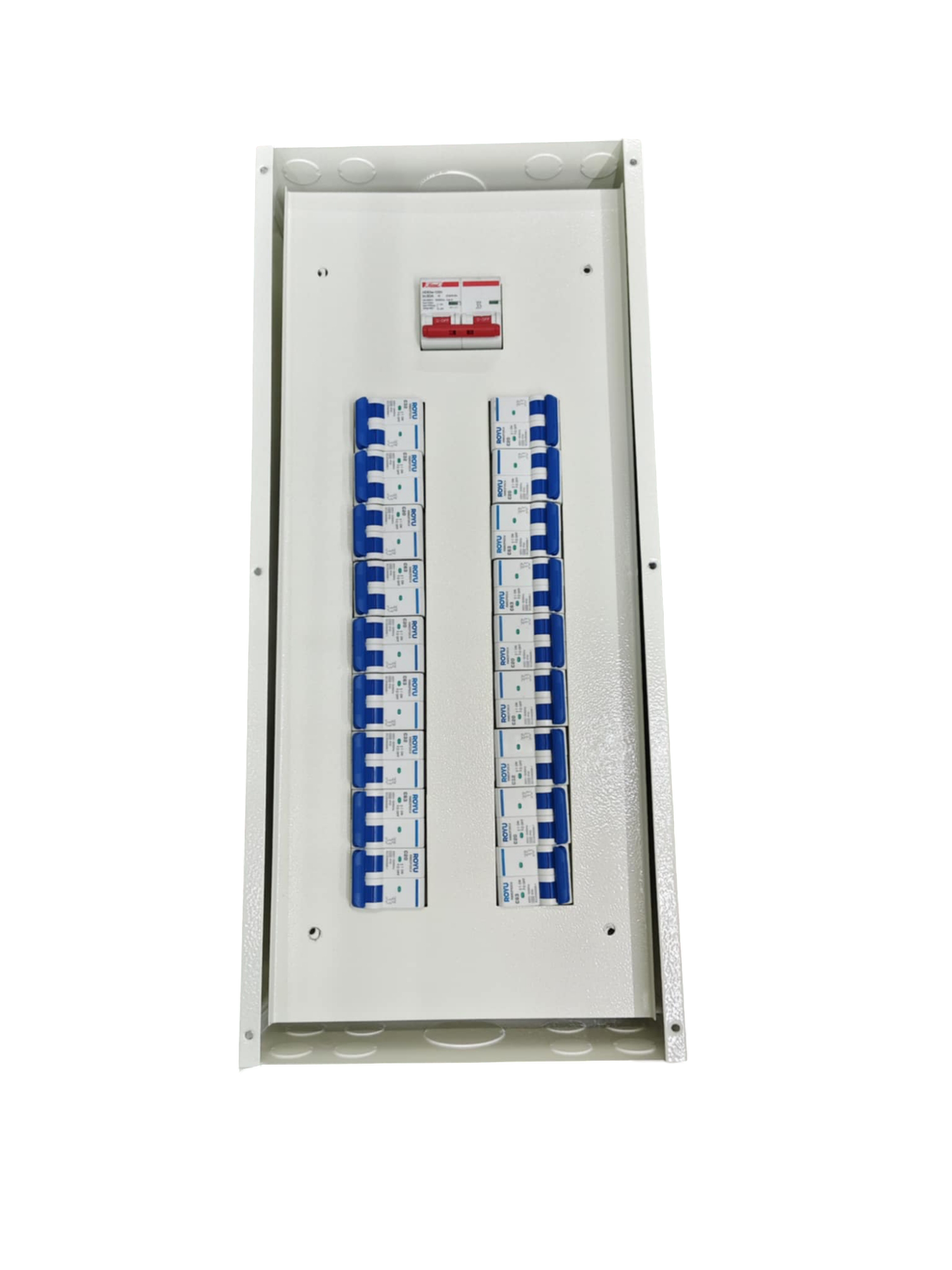15 Branches Panel Board with 100A Main 2P by Himel Koten and Royu white metal enclosure with two vertical rows of blue breakers