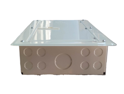 15 Branches Panel Board with 100A Main 2P white metal recessed electrical box with knockouts and hinged cover