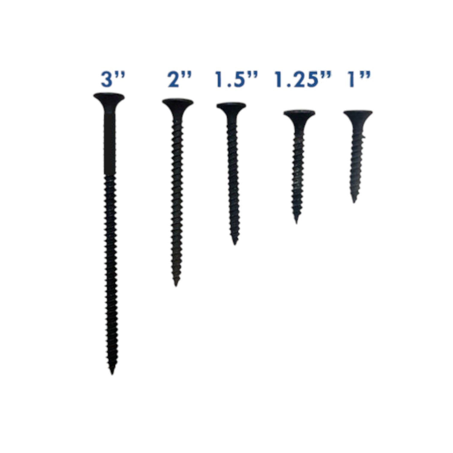 Assorted black wood screws 1 to 3 inch shown and listing for Black Screw 4 Inch for Wood Gypsum from China
