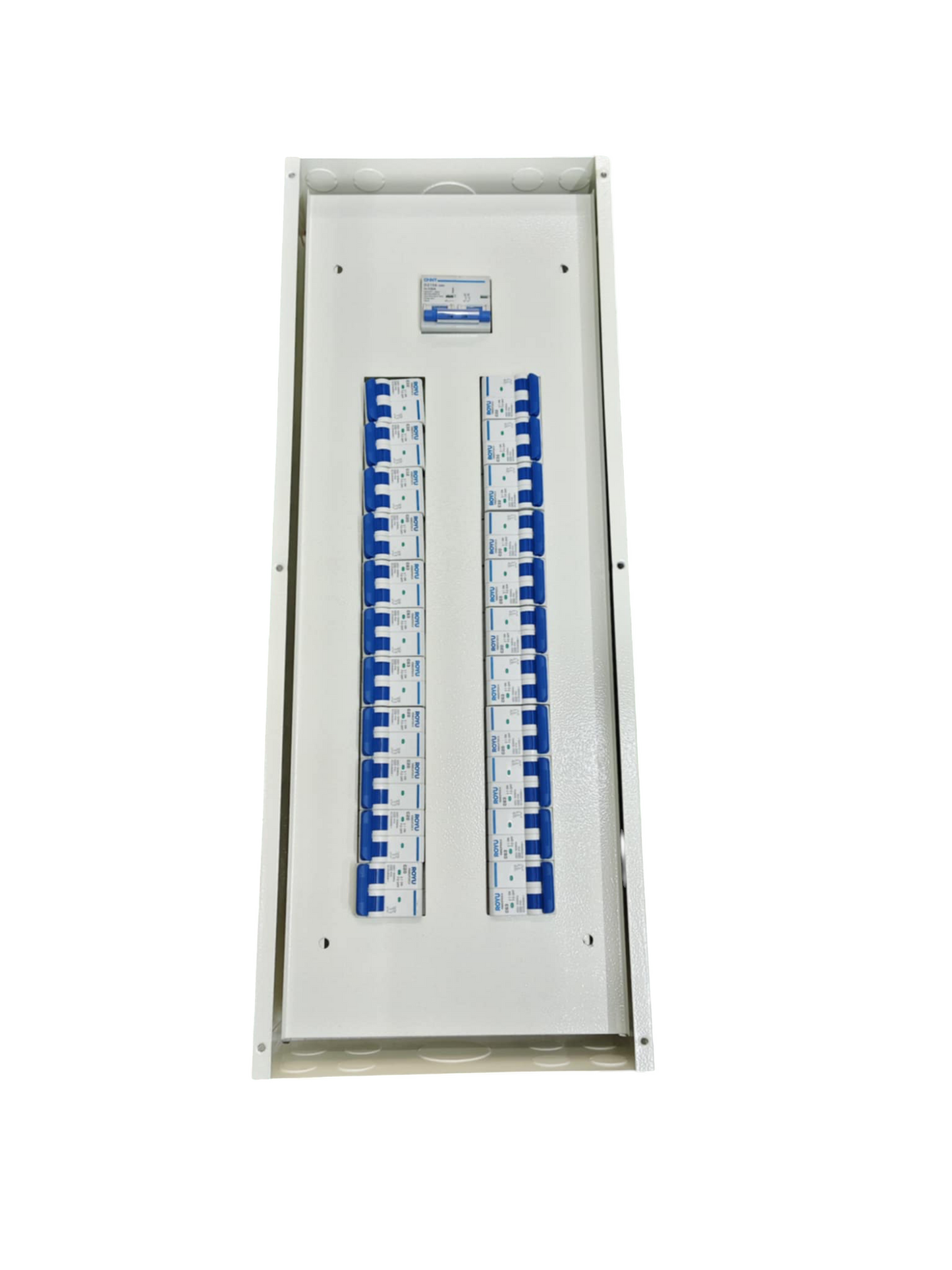 Chint 125A panel board with circuit breaker white metal enclosure with dual rows of blue miniature breakers
