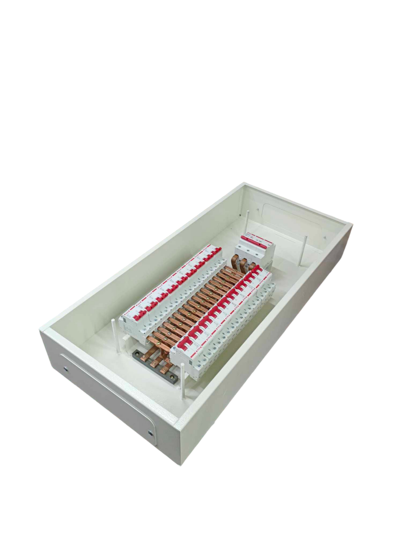 Himel panel board 80A 3 phase white metal enclosure with copper busbars and multiple red topped circuit breakers