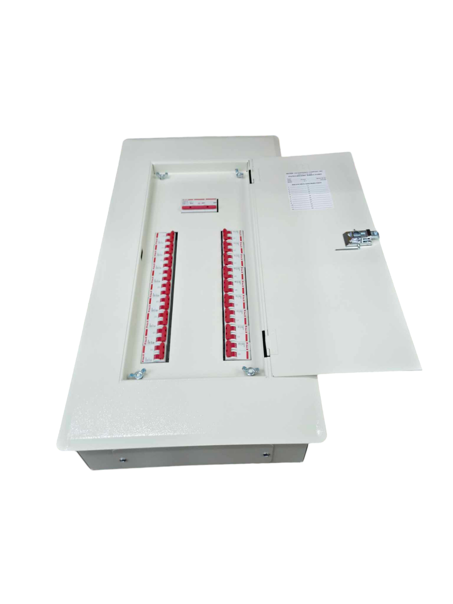 Himel panel board 80A 3 phase white metal enclosure with two rows of red switches and open door