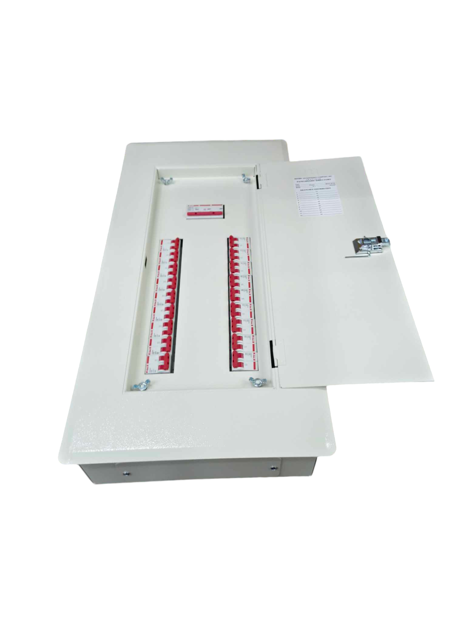 Himel panel board 80A 3 phase white metal enclosure with two rows of red switches and open door