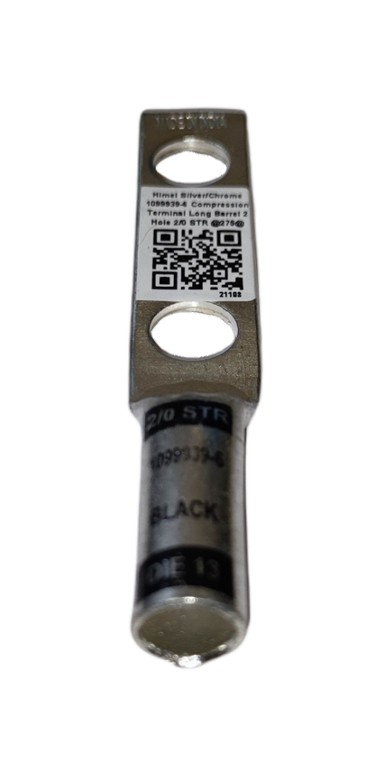 Utilux Terminal Lugs Long Barrel 2 Holes 60mm copper two hole lug with long barrel crimped to black cable