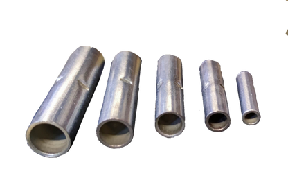 Set of aluminum crimp tubes for wiring showing five sizes Butt Connector 2mm - 50mm for electrical repairs