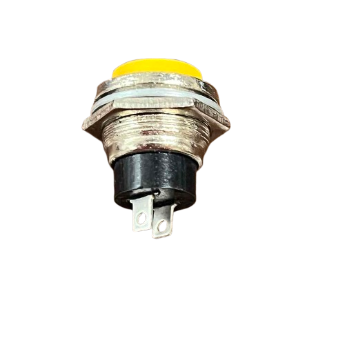 Push Button Switch 1A 220V Yellow with metal casing and two terminals for easy installation