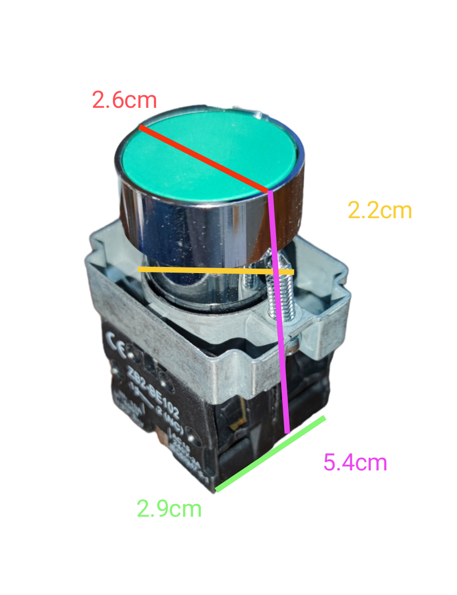 Grippes Push Button Switch 22mm with Metal Head featuring a green top and detailed measurements