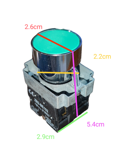 Grippes Push Button Switch 22mm with Metal Head featuring a green top and detailed measurements