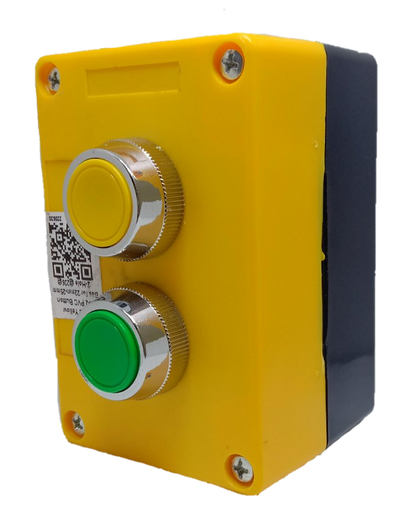 Electx push button switch in surface box featuring two colored buttons for easy operation