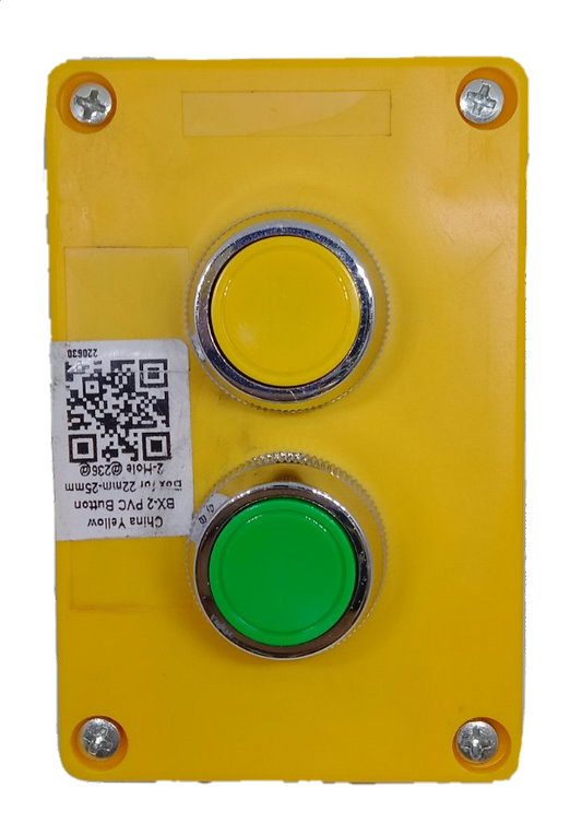 Yellow push button switch in surface box featuring green and yellow buttons for easy control