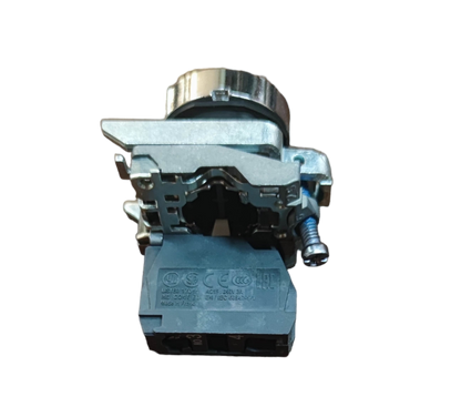 Schneider Push Button Switch Red Normally Open component with metal mounting and black base