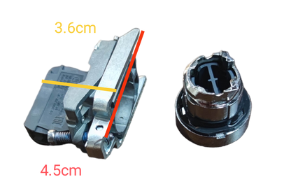 Schneider red push button switch red normally open component with metal mounting bracket and detailed measurements