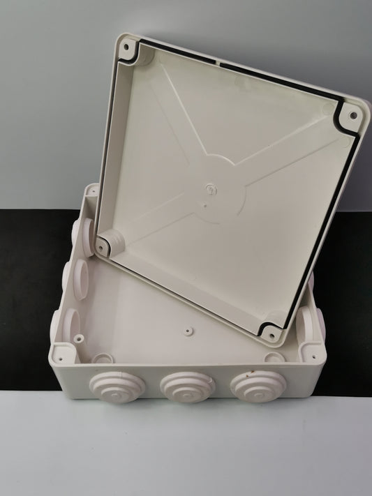 Grippes PVC Box 200x200x80 O Type electrical enclosure box with removable lid and multiple conduit knockouts