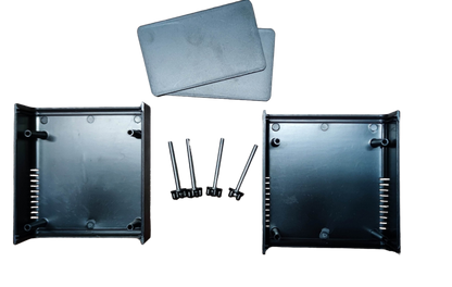 Two black PVC boxes for wiring and assembly with screws and covers included for electrical projects