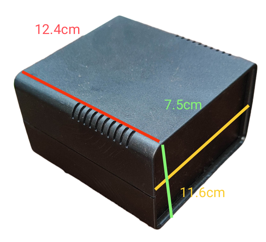 Black PVC box for wiring and assembly with dimensions of 12.4cm by 11.6cm by 7.5cm