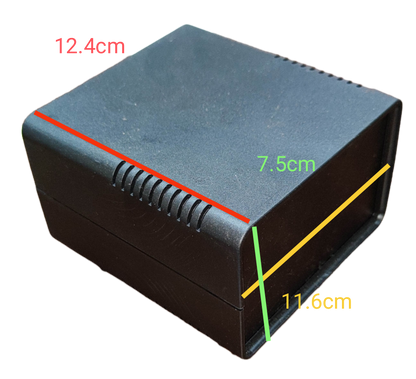 Black PVC box for wiring and assembly with dimensions of 12.4cm by 11.6cm by 7.5cm