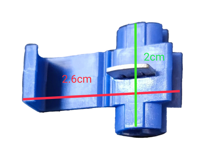 Blue quick connect terminal set featuring detailed measurements for easy installation and use